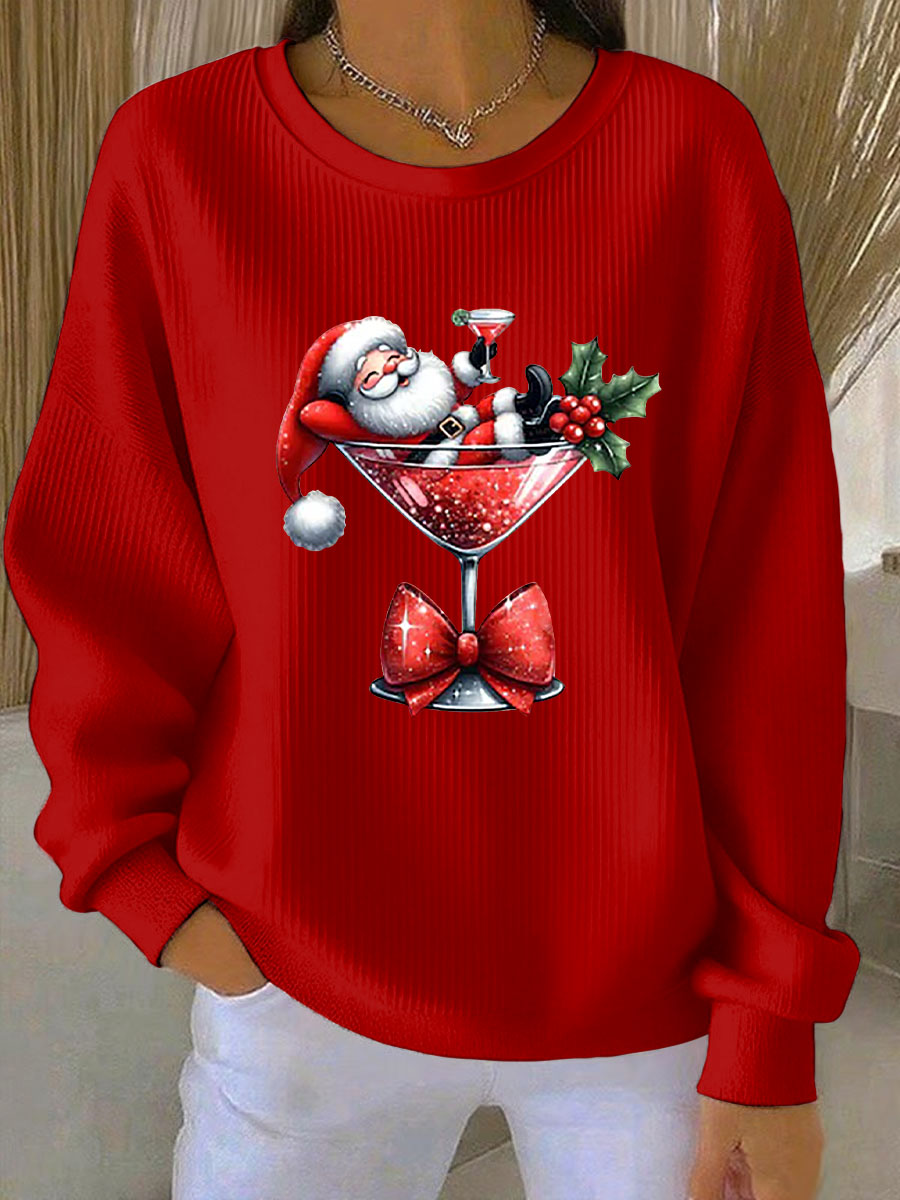 Women's Santa Claus Printed Ribbed Round-Neck Sweatshirt