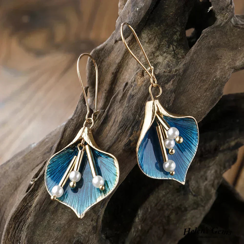Vintage Blaue Lotus Silberohrringe