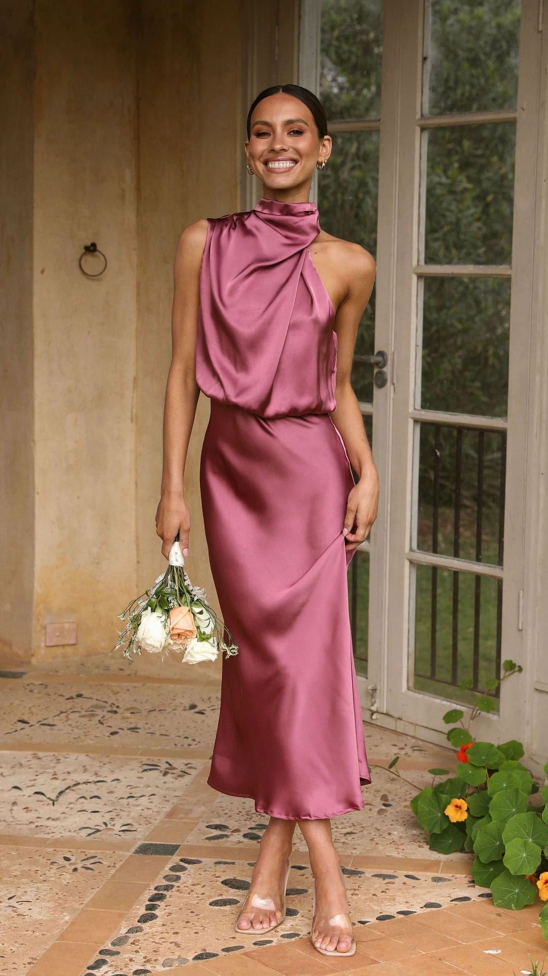 Rochella™ - Elegant Satin Dress with High Neck in Dusty Pink