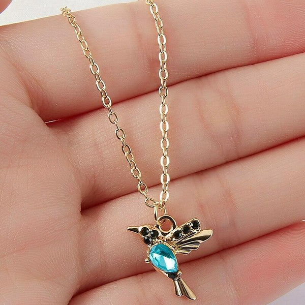 Gold Blue Crystal Hummingbird Pendant Necklace