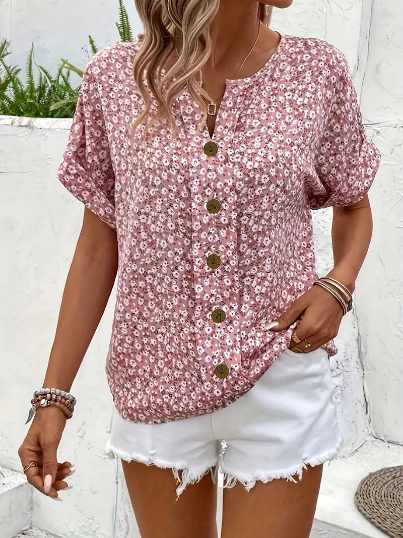 Cindy™ | Floral Print Notched Color Blouse
