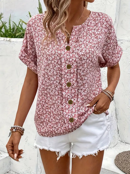 Cindy™ | Floral Print Notched Color Blouse