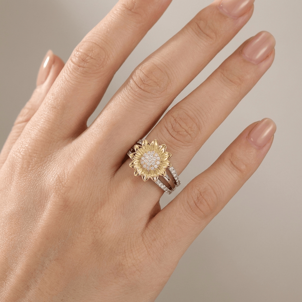 Silberner Gold-Sonnenblumen-Diamant-Ring