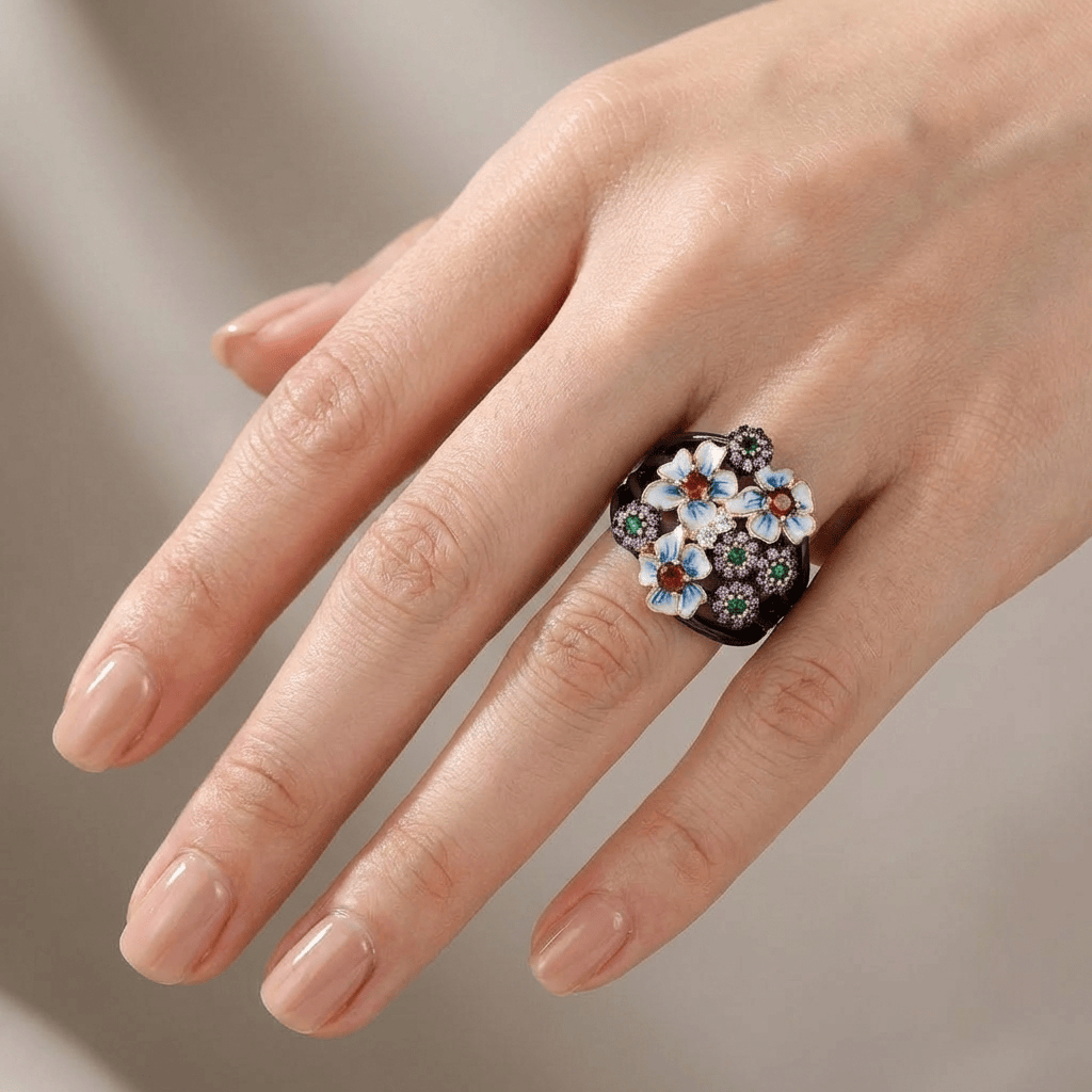 Farbenfroher Emaille Blumengartenring