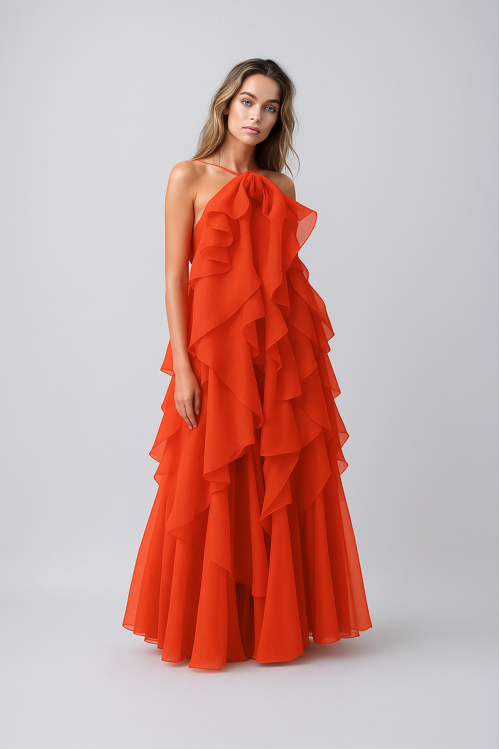 Nephele - Long Halter Ruffle Cocktail Dress