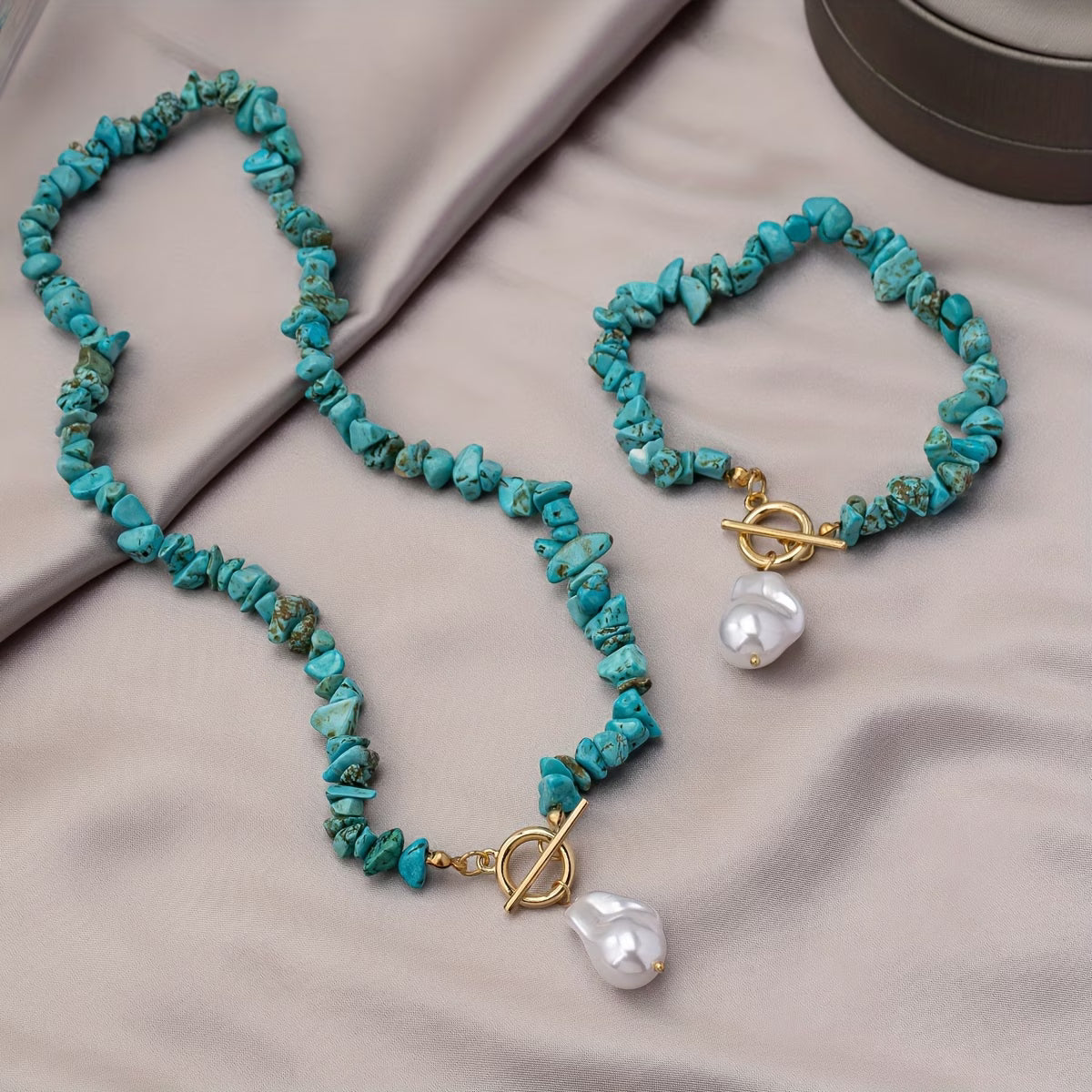 Türkis- und Perlen-Halsketten-Armband-Set