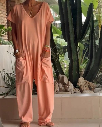 Yelena™ - Casual V-Neck Solid Color Jumpsuit