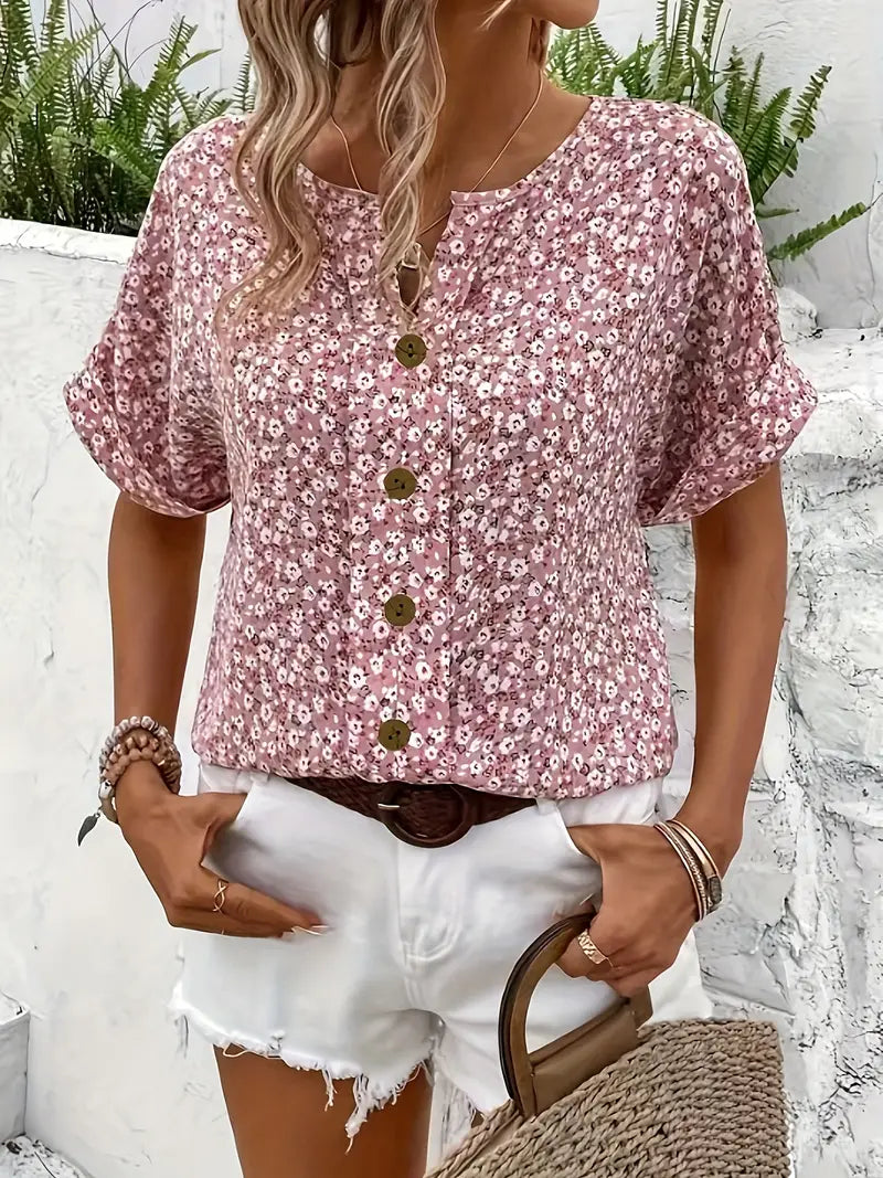 Cindy™ | Floral Print Notched Color Blouse