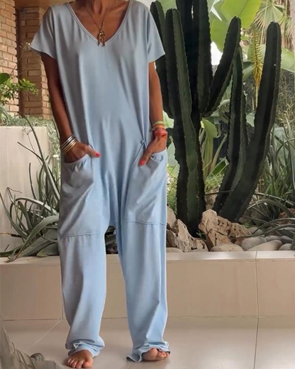 Yelena™ - Casual V-Neck Solid Color Jumpsuit