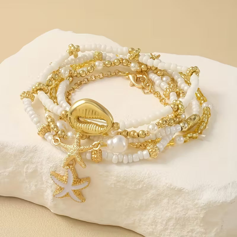 Küsten-Gold- und Perlen-Armband-Set aus 6