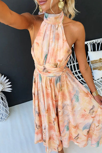 Aurora™ - Elegant Halter Neck Watercolor Print Maxi Dress