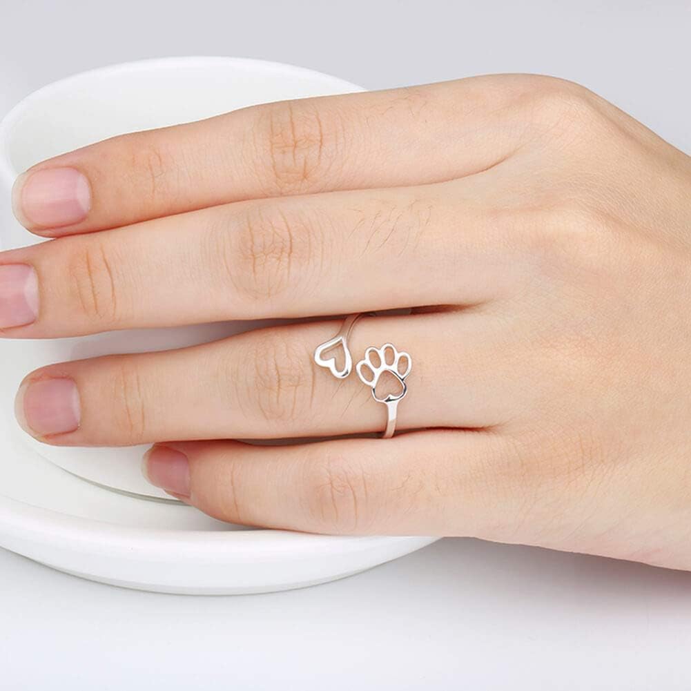 Handgefertigter Pfoten- & Herzring – Verstellbar aus 925 Sterling Silber