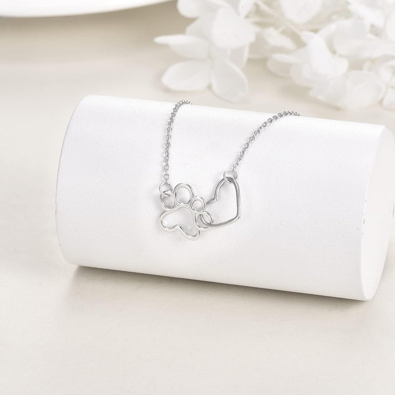 Sterling Silver Paw Print Necklace – Heart Crystal Pendant
