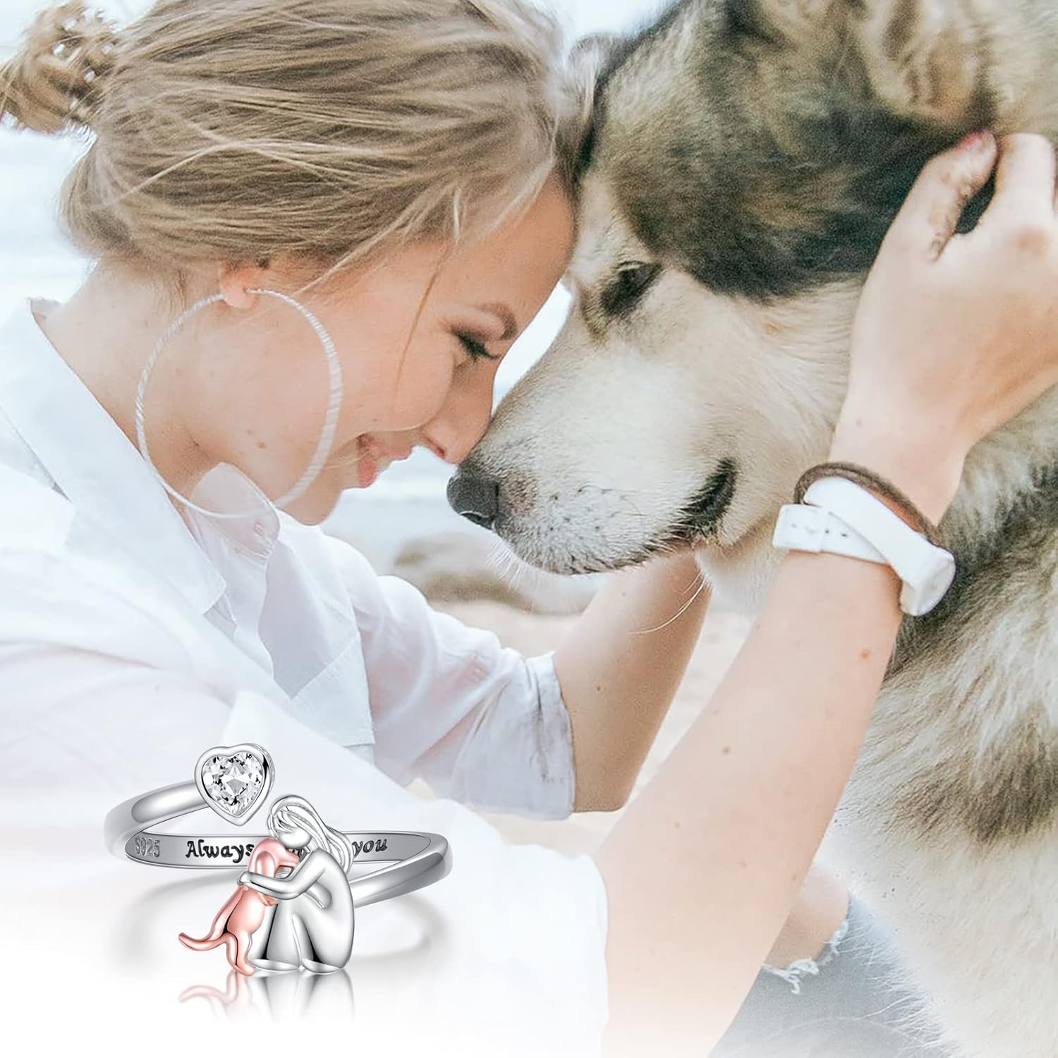 Verstellbarer Hundering aus 925 Sterling Silber – „Immer in meinem Herzen“ mit Zirkonia
