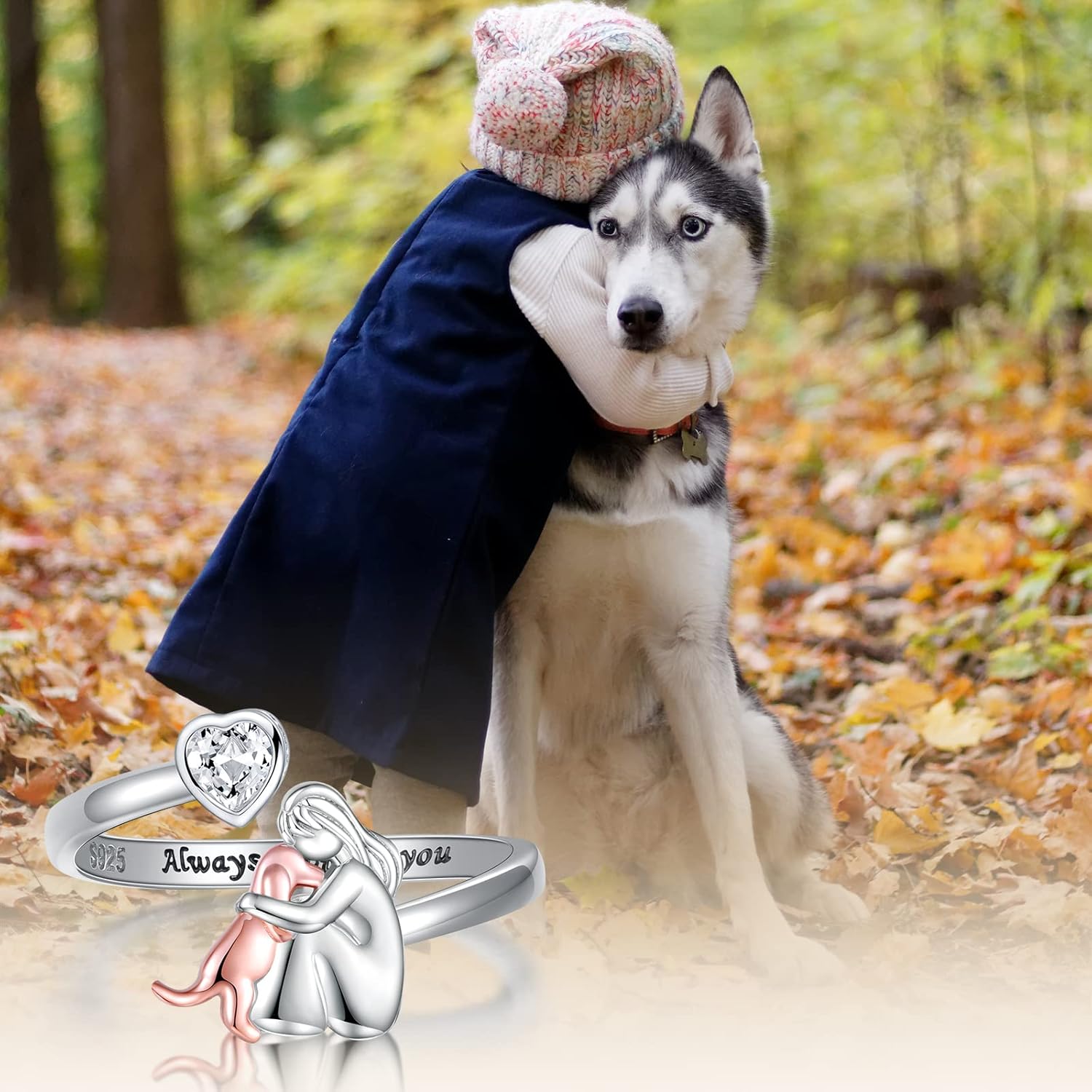 Verstellbarer Hundering aus 925 Sterling Silber – „Immer in meinem Herzen“ mit Zirkonia
