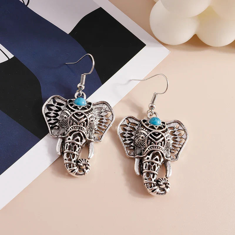 Vintage Elephant Drop Earrings Silver Bohemian