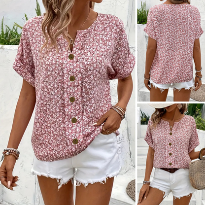 Cindy™ | Floral Print Notched Color Blouse