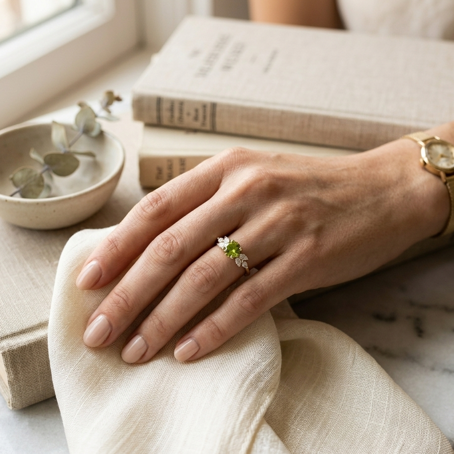Eleganter Oliven-Zirkonia Vintage-Ring