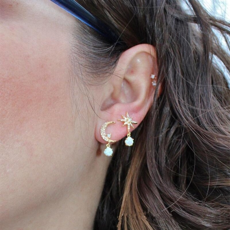 Opal and Gold Moon & Star Earrings