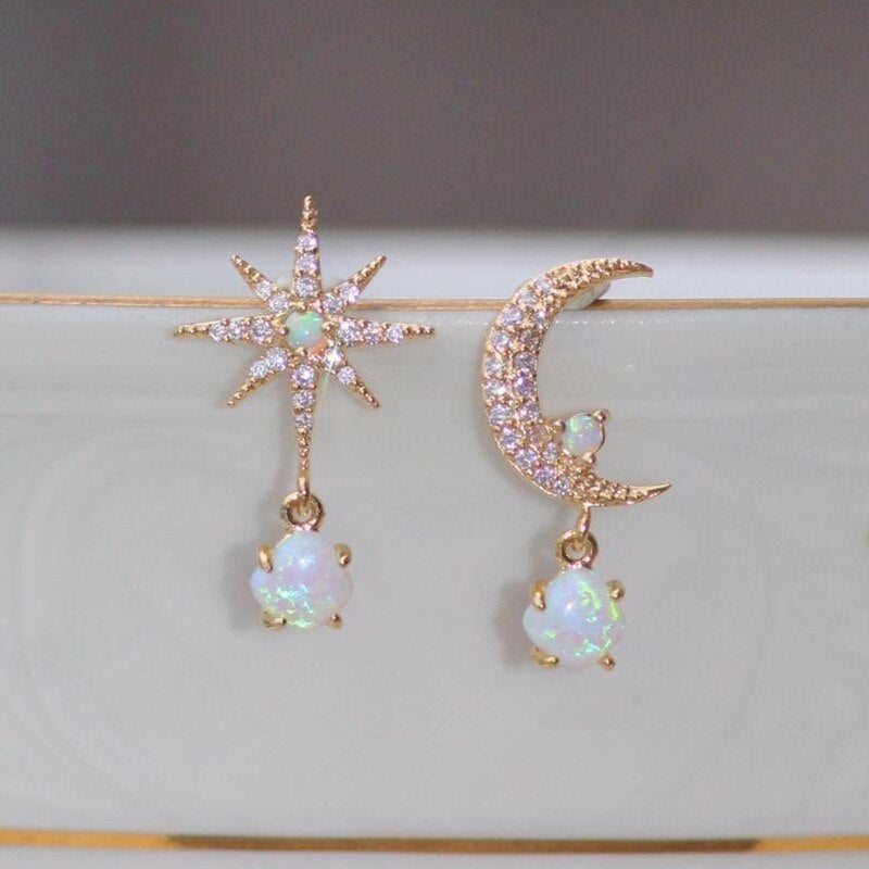Opal and Gold Moon & Star Earrings