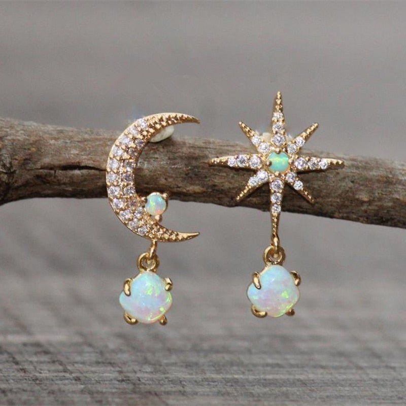 Opal and Gold Moon & Star Earrings