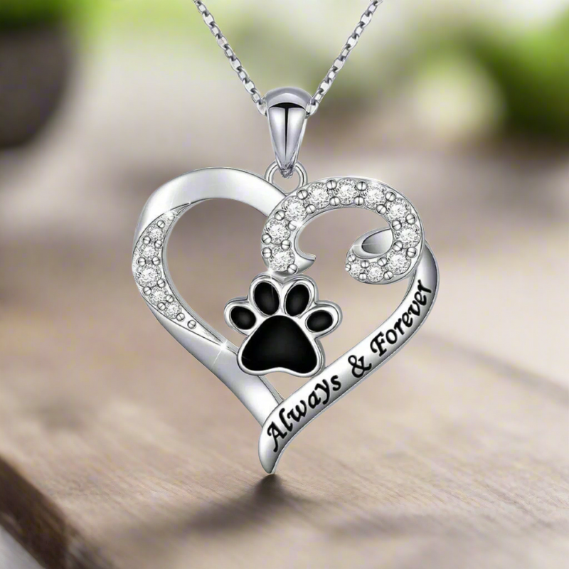 Dog Paw Necklace – Heart Design in Stainless Steel with Zirconia