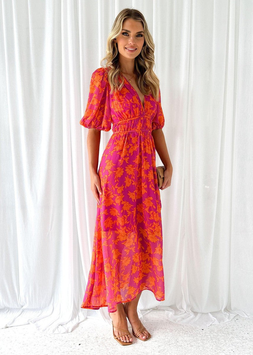 Katy™ - Elegant Puff Sleeved Floral Midi Dress