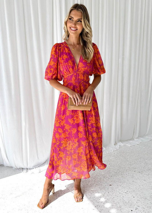 Katy™ - Elegant Puff Sleeved Floral Midi Dress