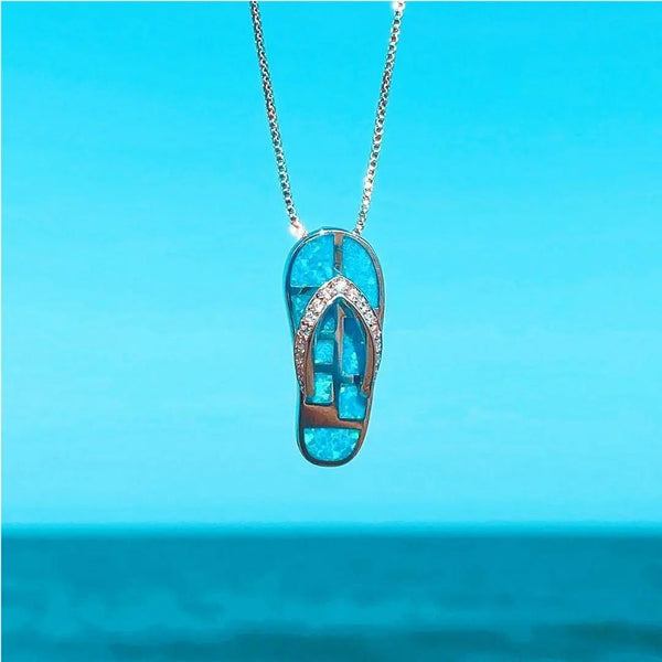 Silver Blue Opal Flip Flop Pendant Necklace