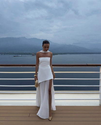 Ariadne - Strapless Patchwork Mesh Asymmetrical Maxi Dress