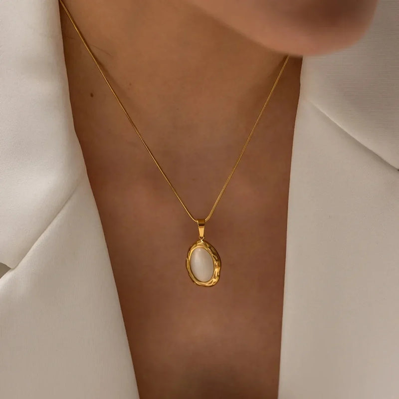 Gold Plated Oval Cat Eye Opal Necklace