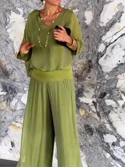 Mia - V-Neck Wide-Leg Chiffon Set