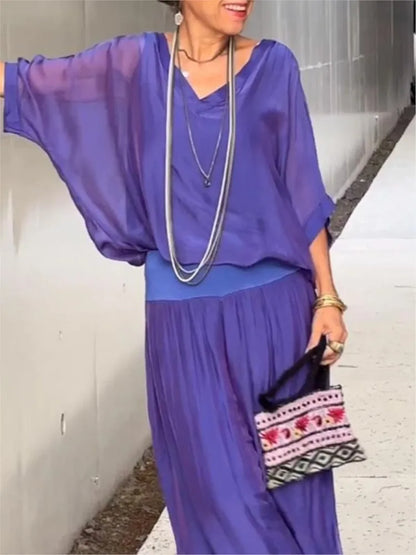 Mia - V-Neck Wide-Leg Chiffon Set