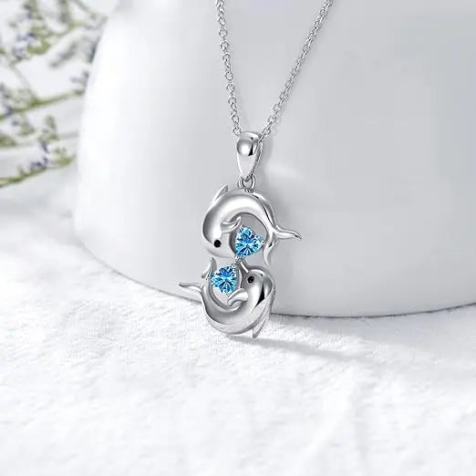 Silver Twin Dolphin Blue Crystal Necklace