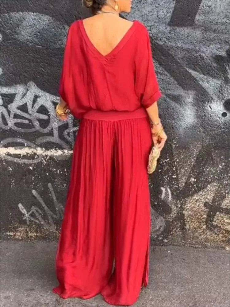 Mia - V-Neck Wide-Leg Chiffon Set
