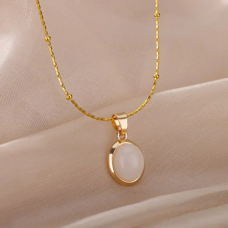 Chic Gold Stainless Steel Water Drop Opal Pendant Necklace