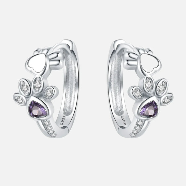Paw Huggie Earrings in 925 Sterling Silver – With Zirconia and Heart Gem