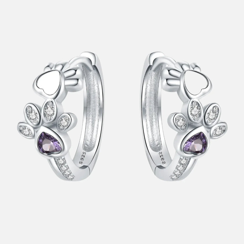 Paw Huggie Earrings in 925 Sterling Silver – With Zirconia and Heart Gem