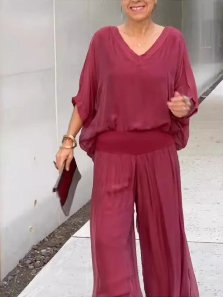 Mia - V-Neck Wide-Leg Chiffon Set