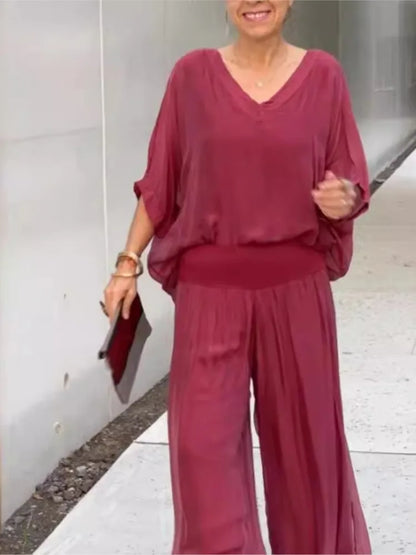 Mia - V-Neck Wide-Leg Chiffon Set