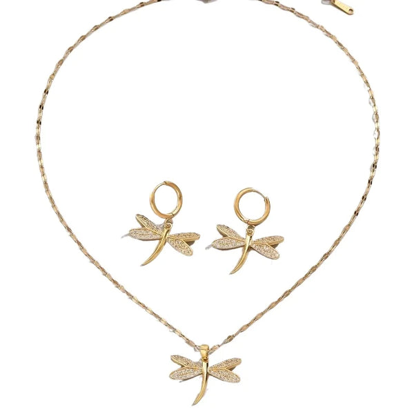 Gold Dragonfly Jewelry Necklace with Bonus Earrings