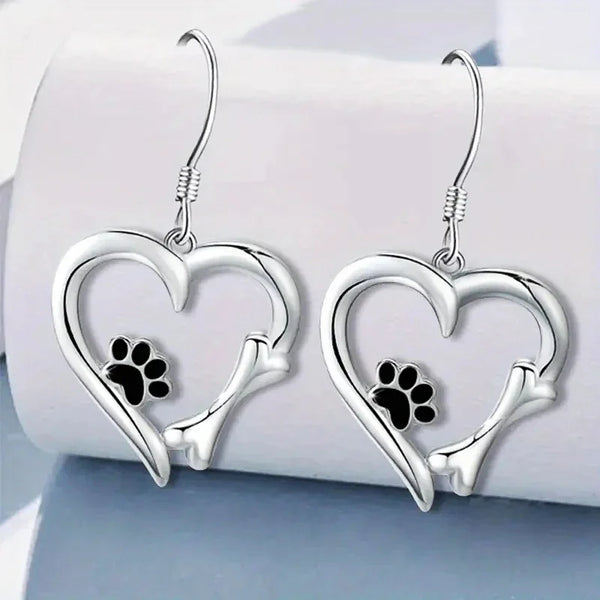 Silver Drop Earrings with Heart & Paw Design