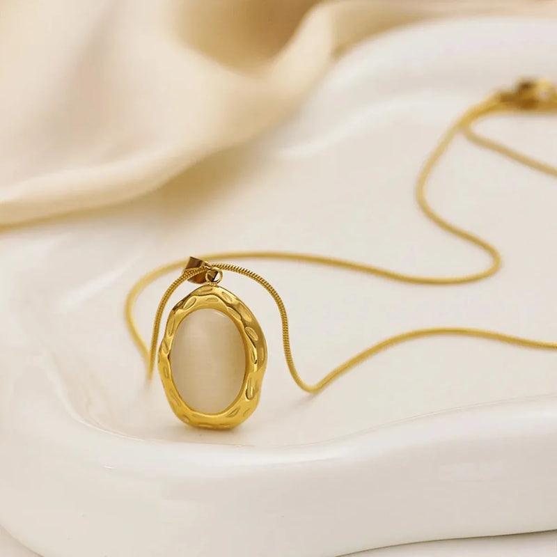 Gold Plated Oval Cat Eye Opal Necklace