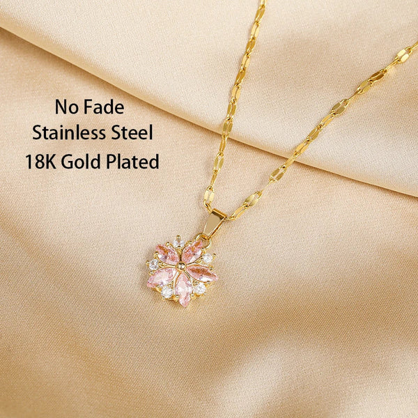 Romantic Pink Sakura Stainless Steel Necklace