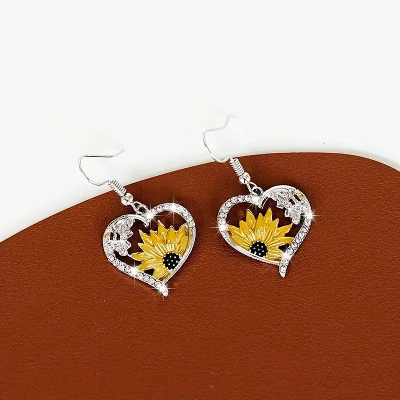 Vintage Boho Sunflower & Bee Heart Dangle Earrings