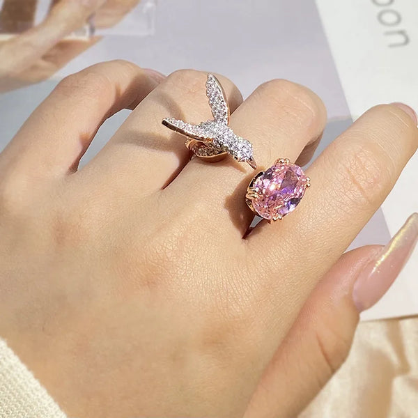 Adjustable Hummingbird Gemstone Ring – Zircon, 14K Gold Plated