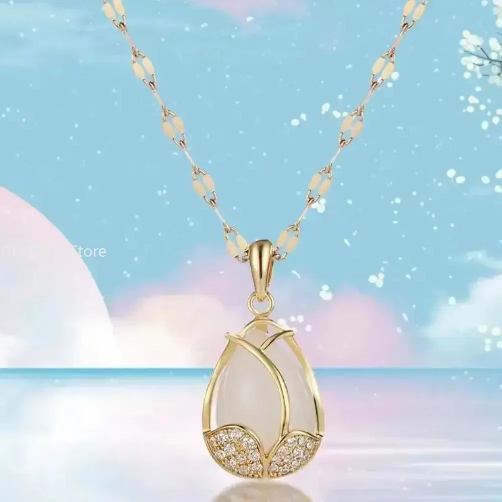 Elegant Gold Tulip Pink Crystal Pendant Necklace