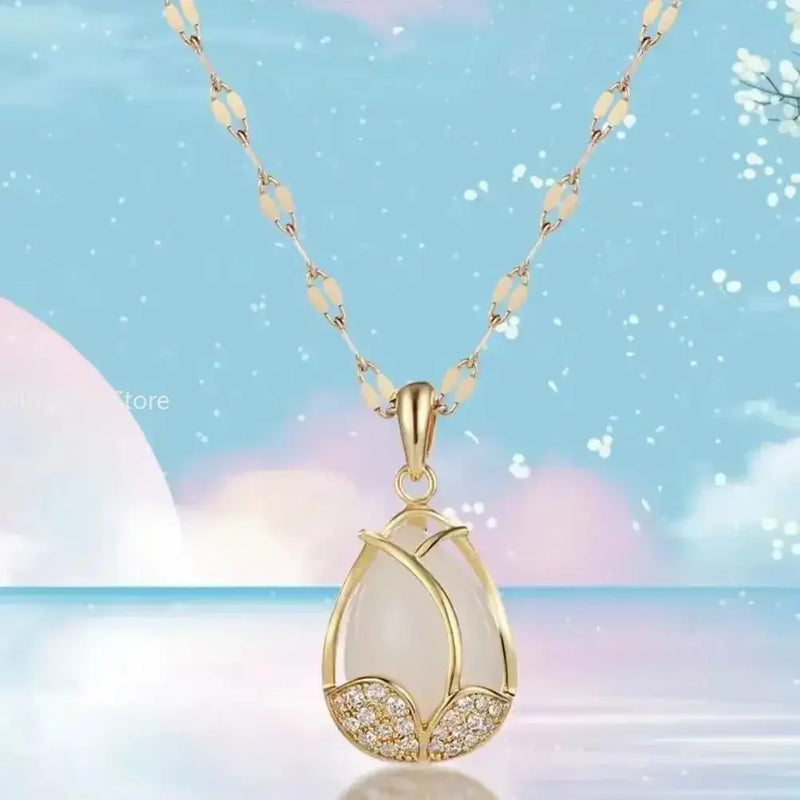 Elegant Gold Tulip Pink Crystal Pendant Necklace