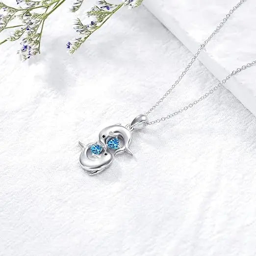 Silver Twin Dolphin Blue Crystal Necklace