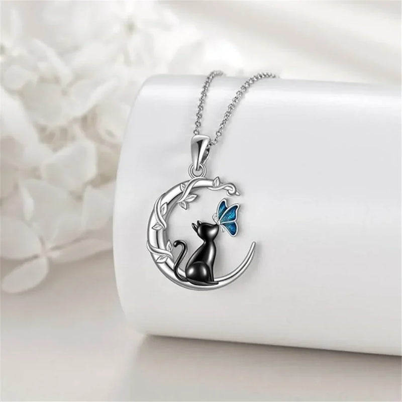 Moon Cat Butterfly Crystal Pendant Necklace